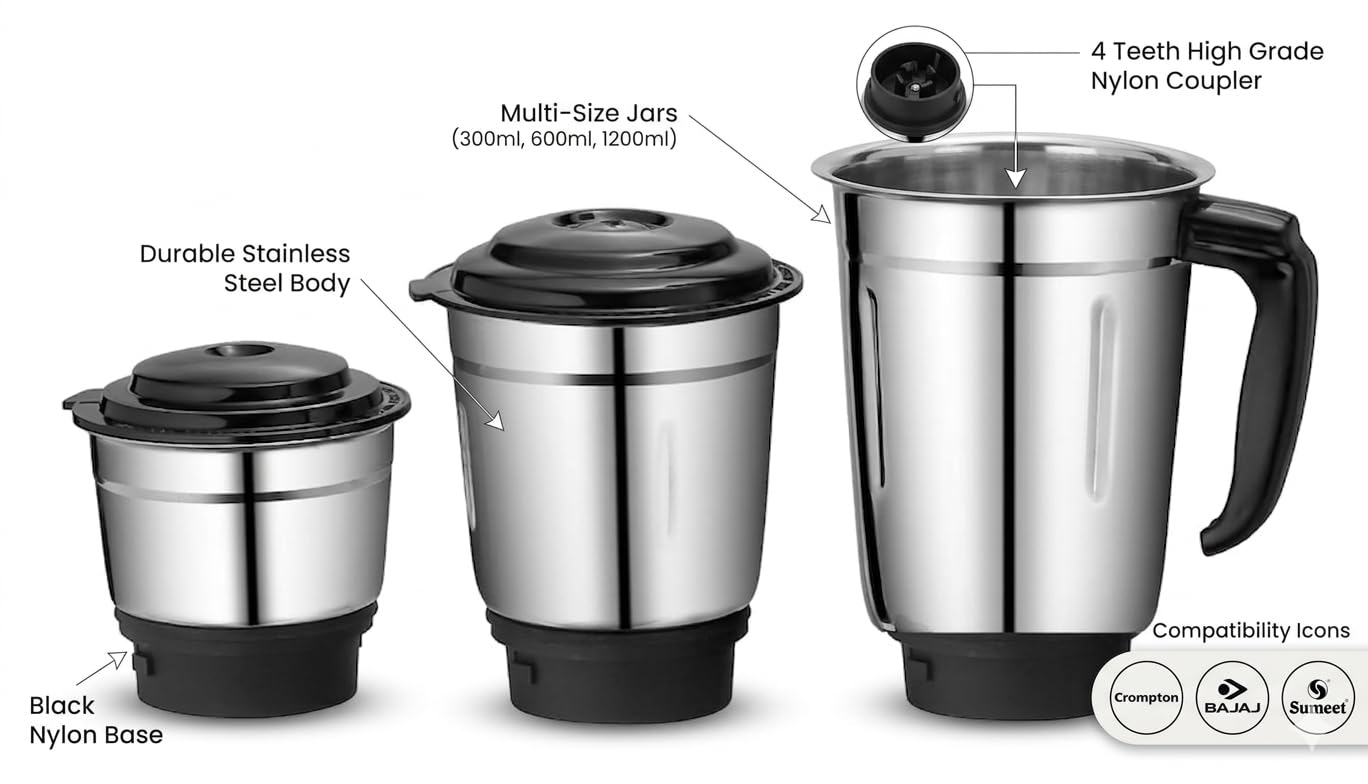 Mixer Grinder Jar Set – 3 Jars (300ml + 600ml + 1200ml) | Stainless Steel Jars with Durable Nylon Base | 4-Teeth Heavy-Duty Nylon Coupler | Compatible with Ba-jaj, Crom-pton, Sumeet & More — Amazon image 6