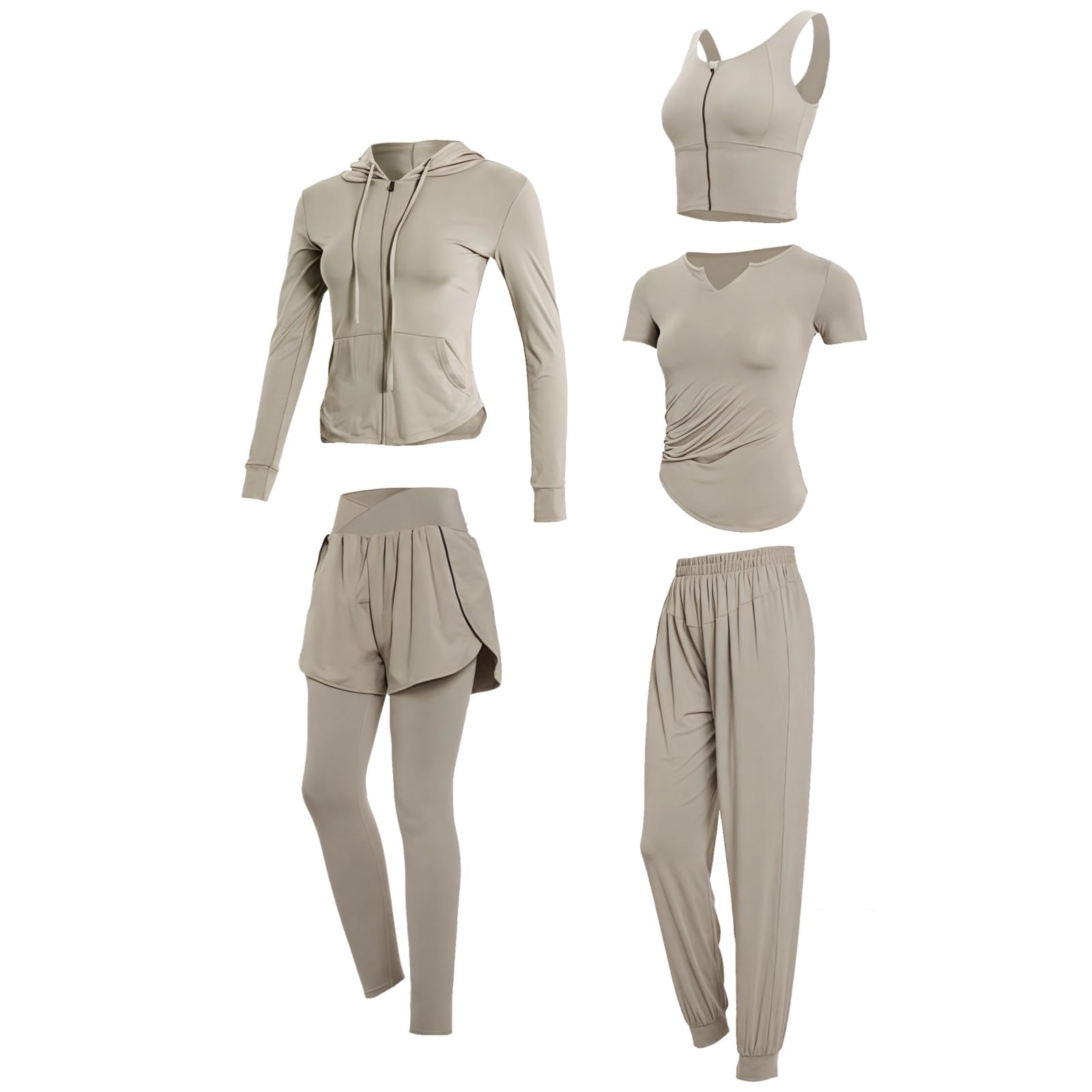 Womens 5-Piece Activewear Set Breathable Workout Clothes Includes Long Sleeve Short Sleeve Sports Bra Hoodie Shorts And Pants