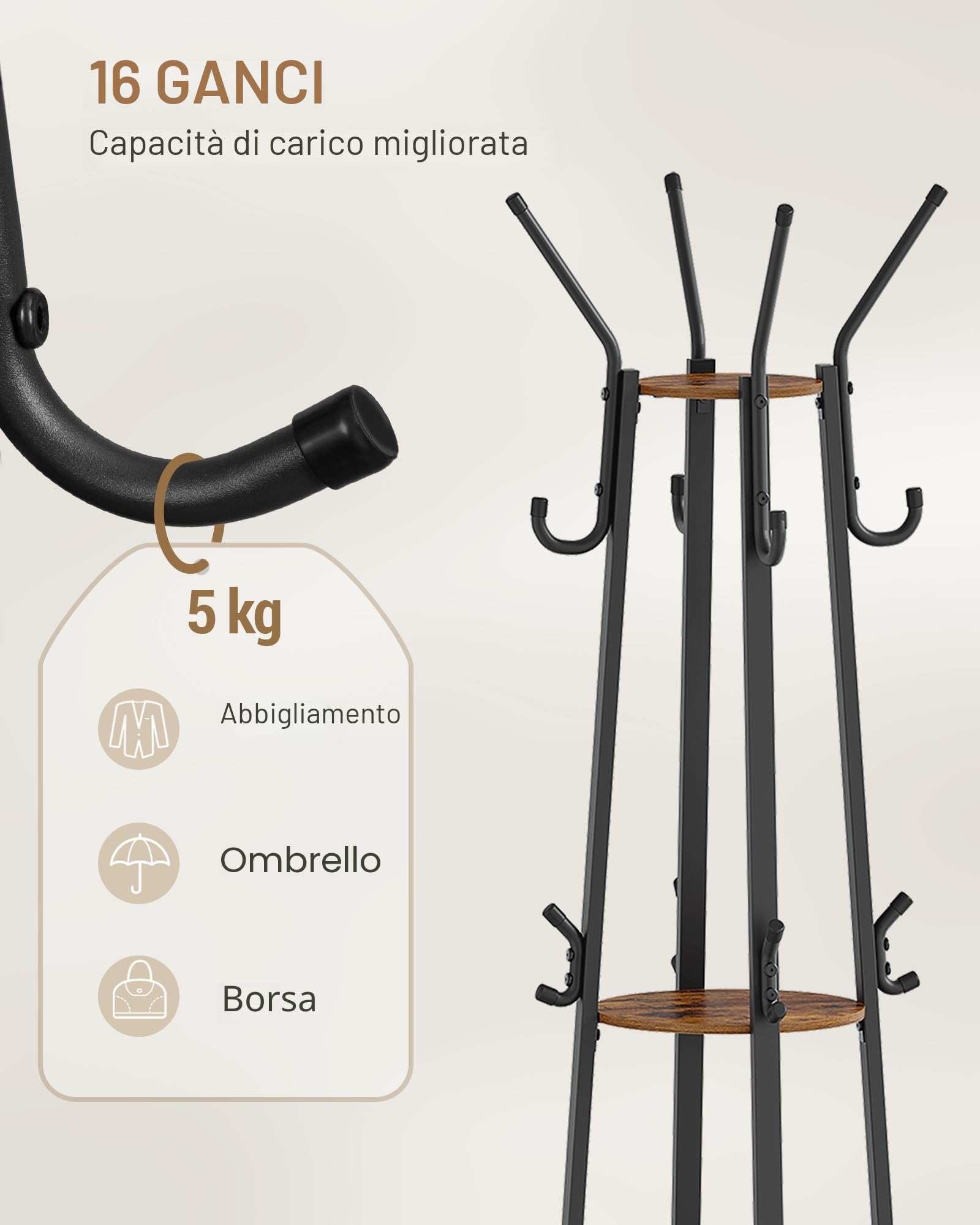 Hzuaneri Appendiabiti da Ingresso, 33 x 33 x 182,5 cm, Attaccapanni da Terra con 3 Ripiani, 16 Ganci, 1 cesto, per sciarpe, borse, cappelli, per ingresso, soggiorno, Marrone Rustico e Nero CR27301B