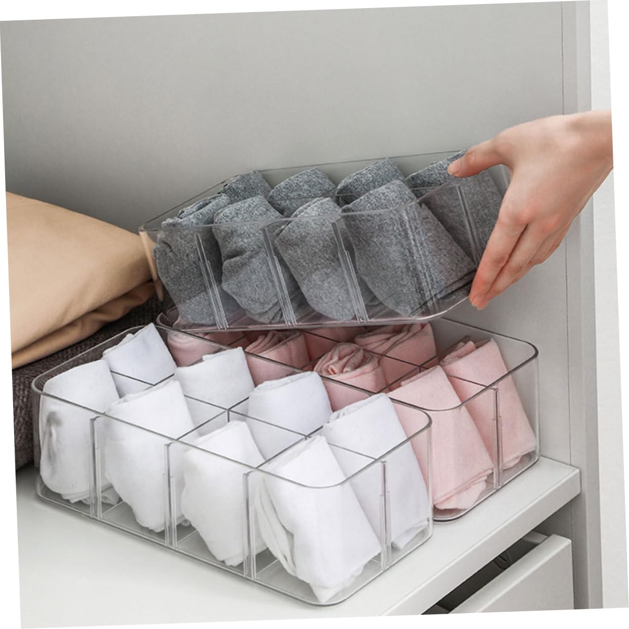 Ipetboom Boîte de Rangement en Ps pour Chaussettes et Sous-vêtements Gain de Place Maison 2 Pièces Compartiments Classifiés et Couvercle