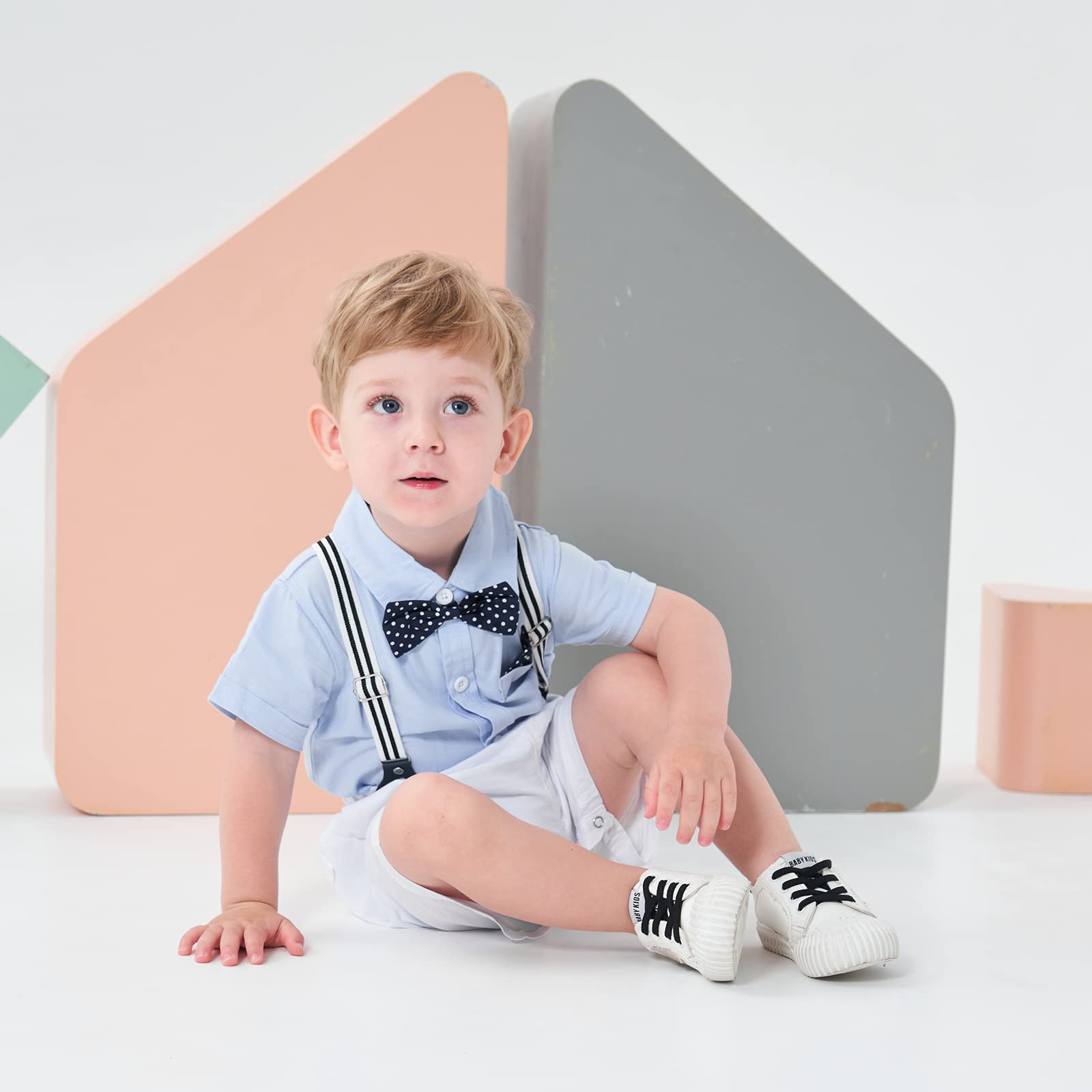 Volunboy Baby Jungen Anzug Set Bekleidung Hemd mit Fliege + Hosenträger Shorts Strampler Anzug