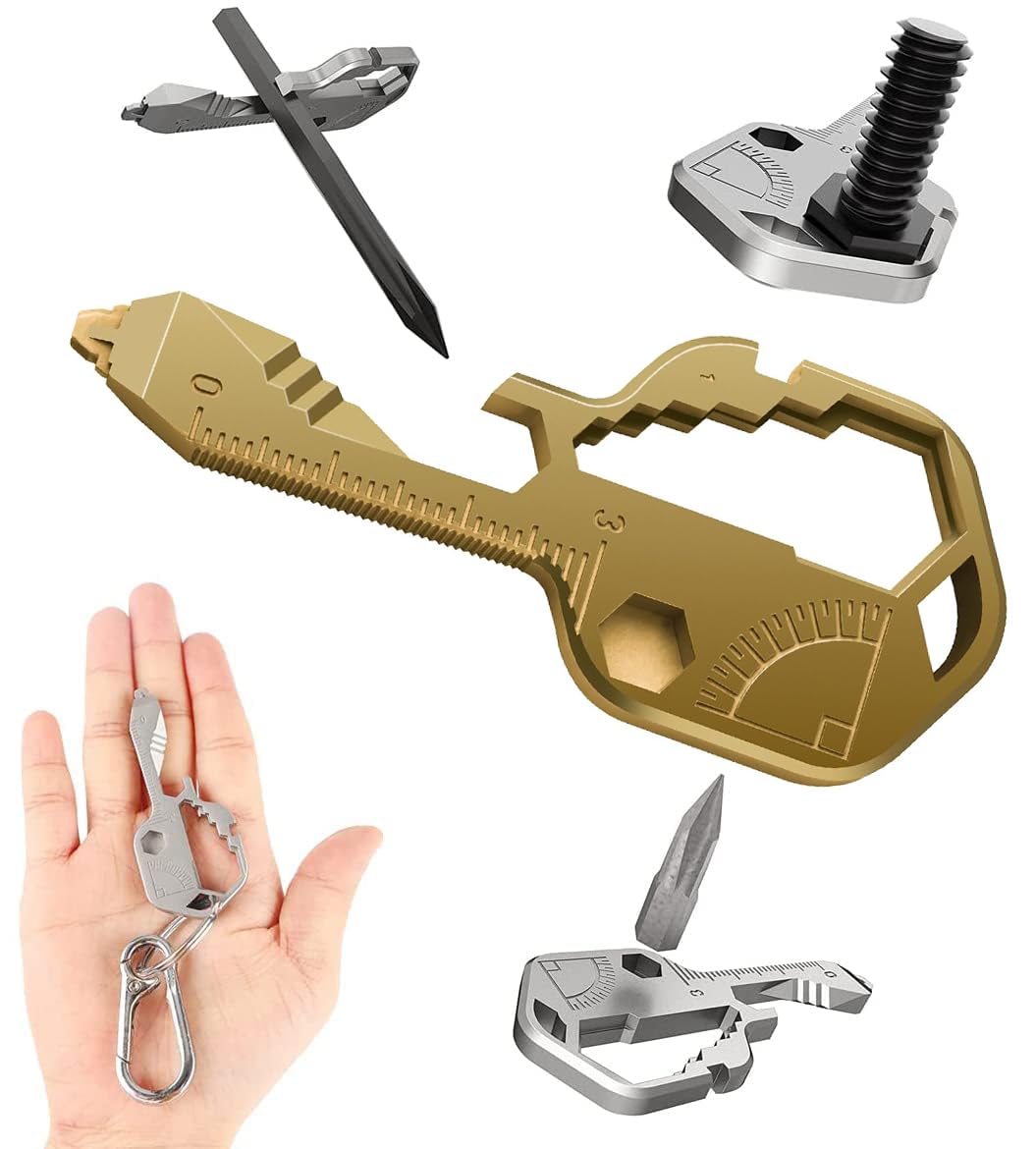 Key Shaped Pocket MultiTool, Small 24-in-1 Utility Kit, Stainless Steel Multitool for Screwdriver, File, Bottle Opener, Wrench, Ruler, Stripping, Gift for Men (Gold)