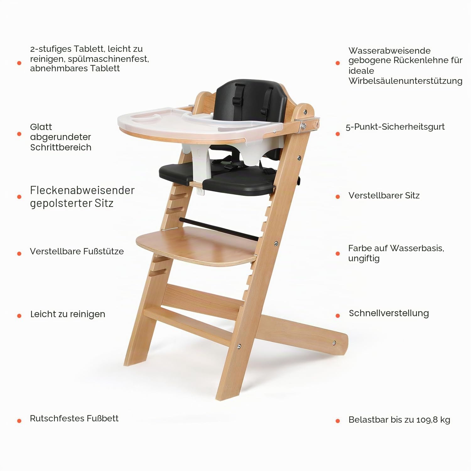 Cowiewie Hochstuhl mitwachsend ab 6 Monaten bis 90kg, Naturholz, 8-fach höhenverstellbar, abnehmbares Tablett, gepolsterter Sitz (Schwarz)