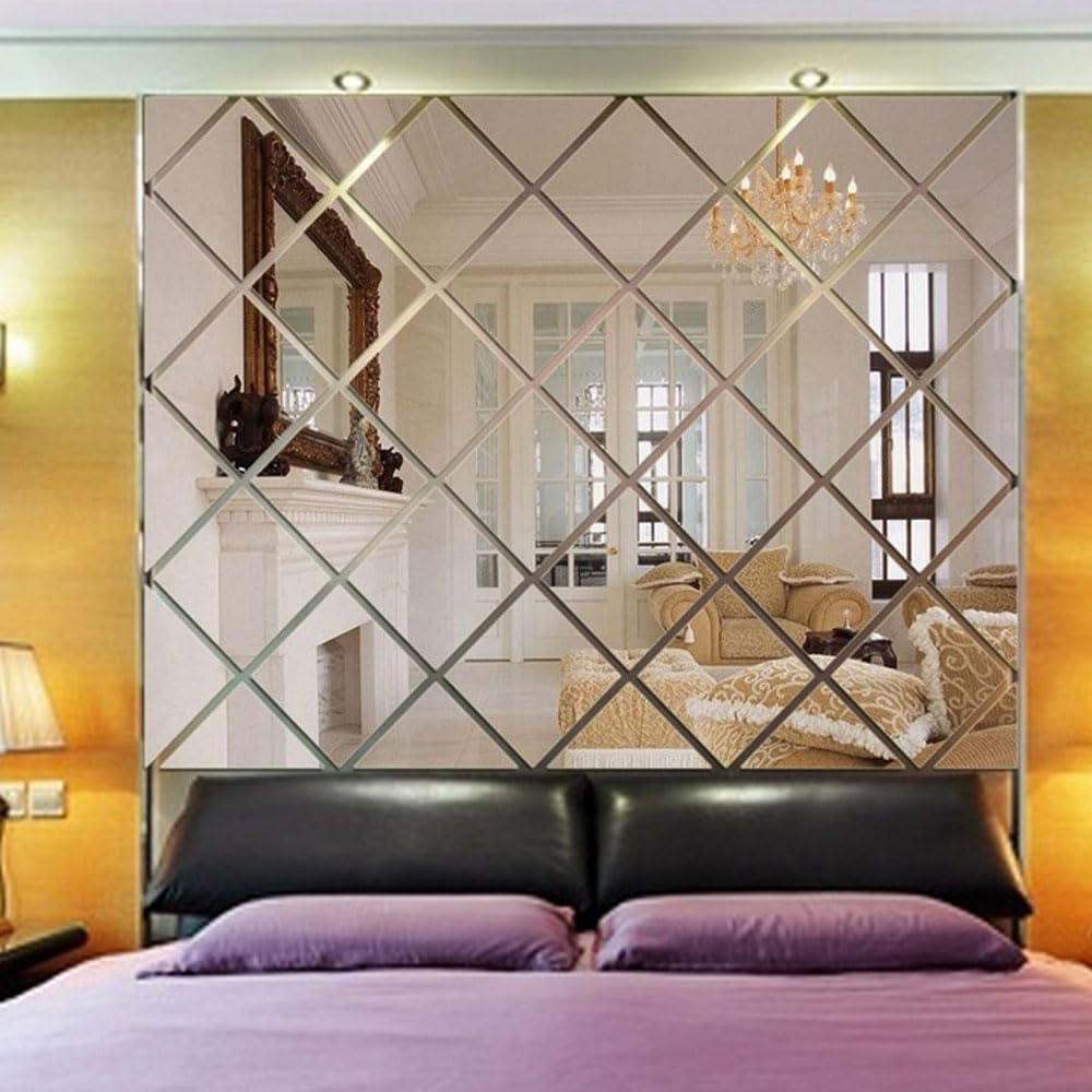 58 Pezzi Adesivi da Parete con Specchio Rombo Autoadesivo, 3D Acrilico Rimovibile Fai da te Arte Piastrelle Impermeabili Mobili Decorazione, Per Pareti, Finestre e Armadi, 100*100cm (D'argento)