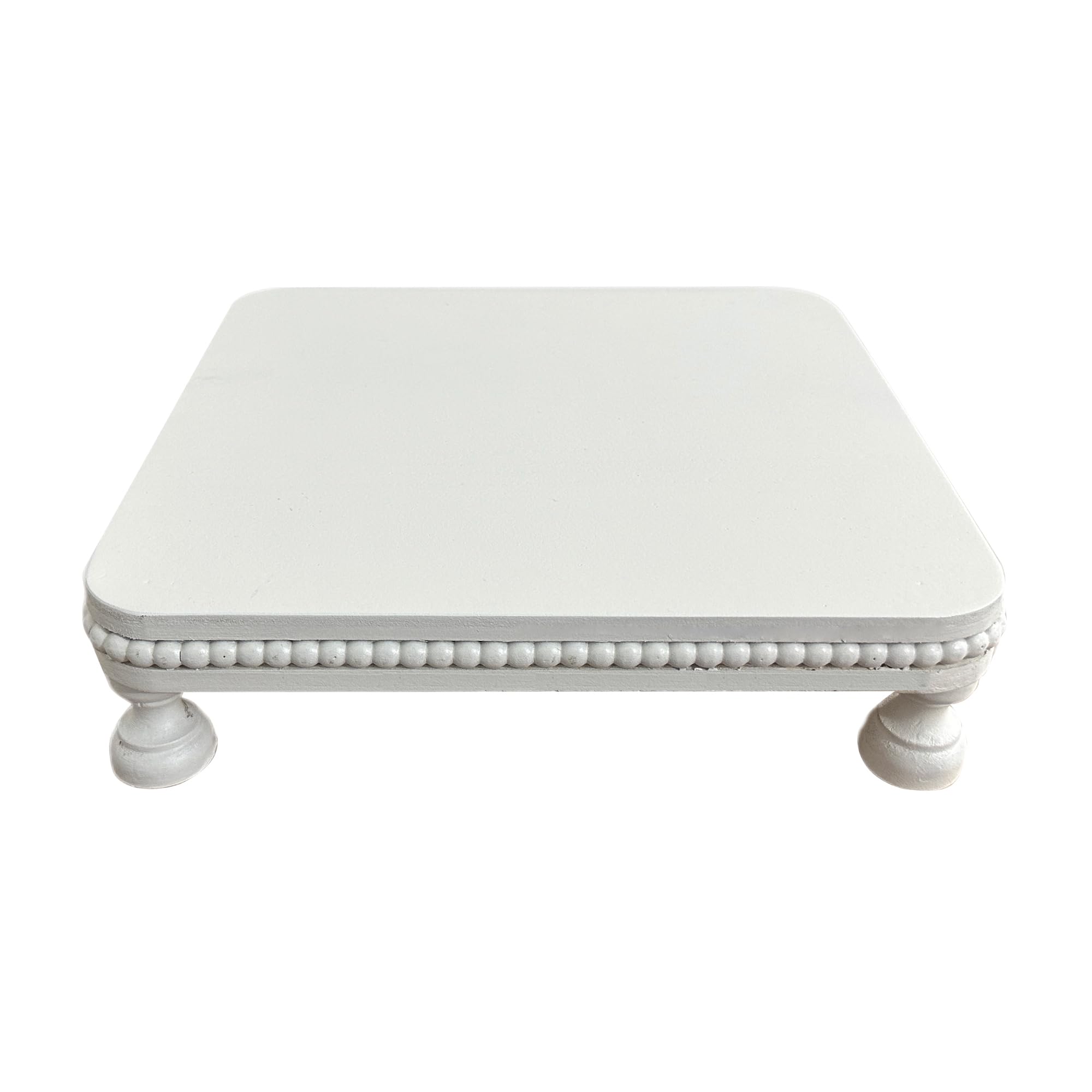 Farmhouse Display Wood Riser, 12" Decorative Beaded Pedestal Stand, Square Tiered Tray Decor for Kitcher Decor, Countertop (White)