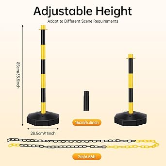 Plastic Chain Barrier with Fillable Base, Free Standing Chain Link Barrier, Yellow & Black Safety Bollards, Street Stanchions Construction Safety Barrier, Portable Parking Pole with Chains