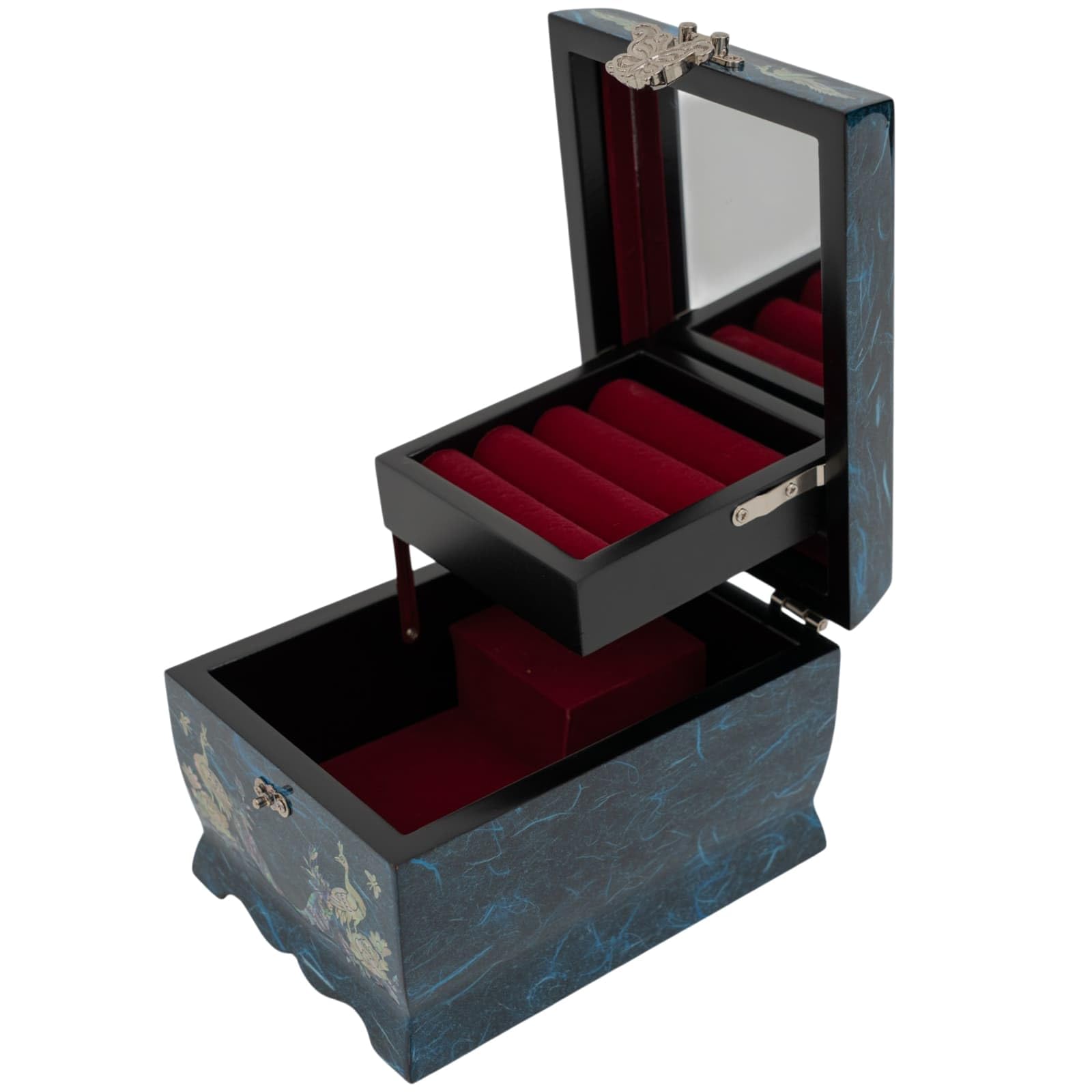 February Mountain Joyero musical de madreperla con espejo y soporte para anillos, caja de música, organizador de joyas tocando melodía Arirang, caja de joyería de pavo real, regalo para mujeres