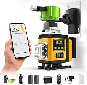 Nível a Laser 16 Linhas Verde 4D 360° Autonivelante, Modo Manual e Pulso, Controle Remoto com APP, Base Magnética, 2 Baterias de Lítio 2400mAh, IP54, Amarelo