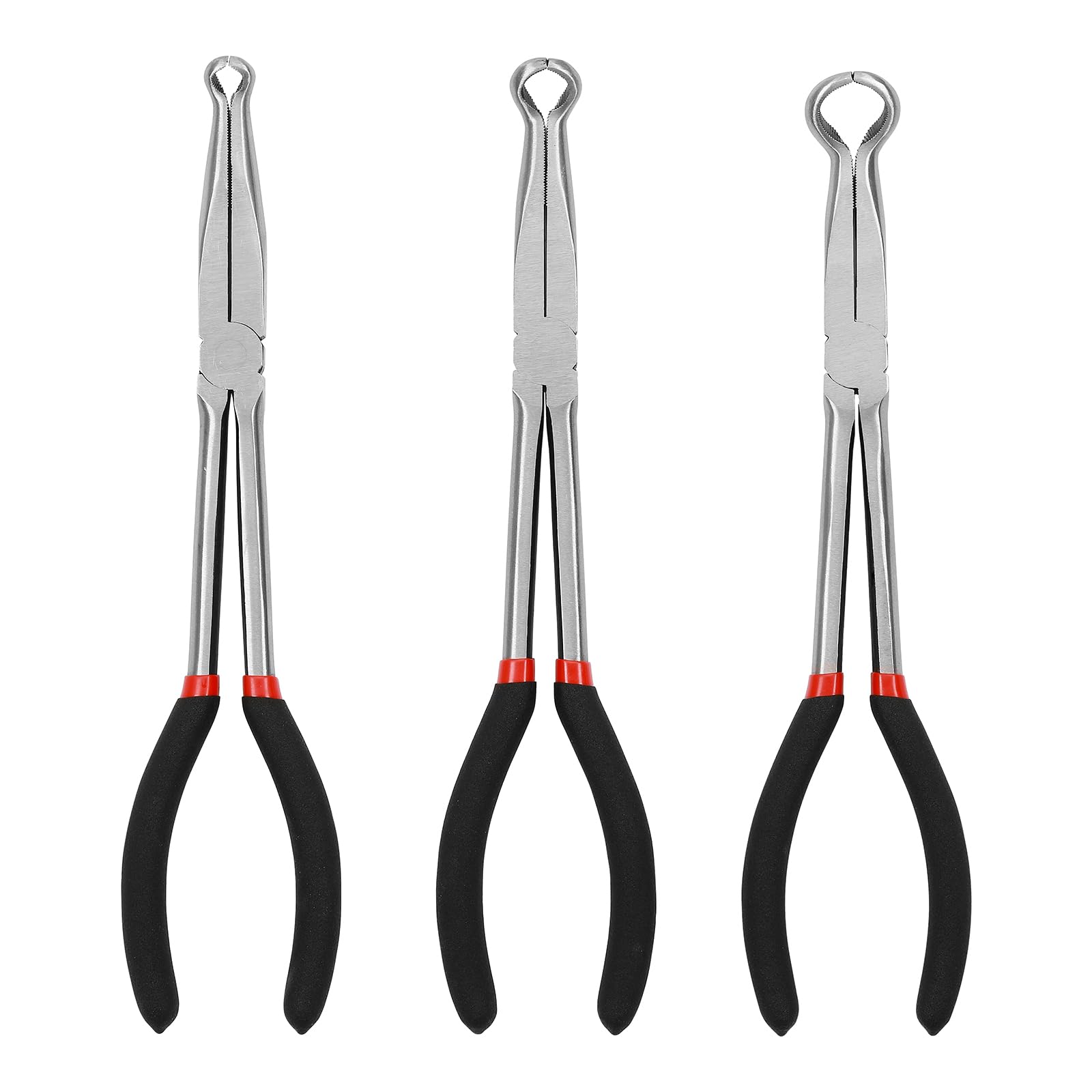 Mayouko 3PCS 11" Long Reach Hose Grip Pliers Set, 5/16 Inch, 1/2 Inch, 3/4 Inch Ring Nose Hose Gripper Pliers Kit, Carbon Steel Offset Spark Plug Boot