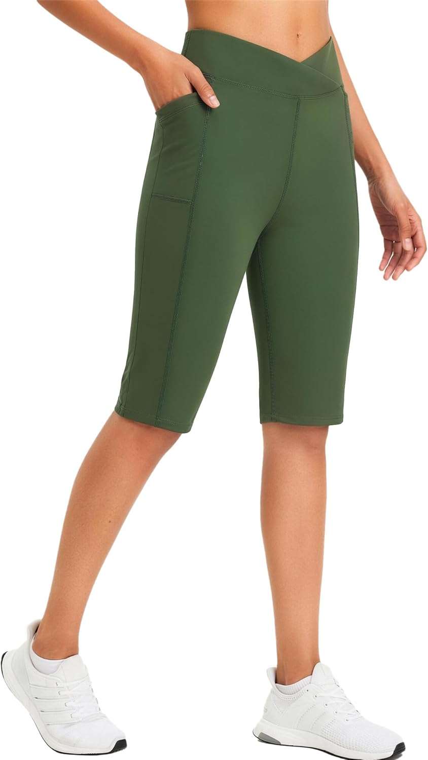Bermuda Long Shorts for Women 11" Knee Length V Crossover High Waisted Athletic Shorts with Pockets Workout Golf Yoga