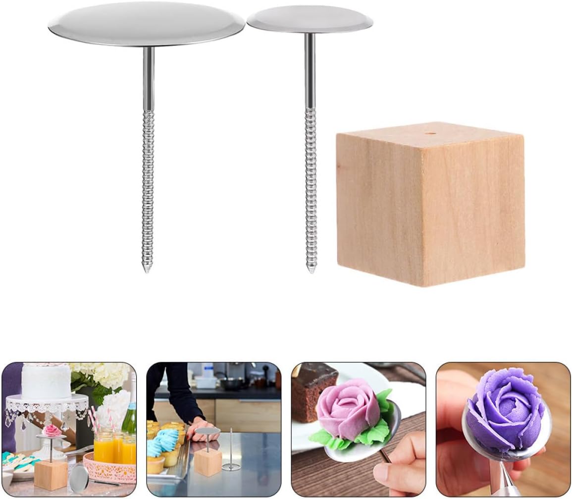 Stainless Steel Cake Flower Nail Set with Wooden Base, 3 Pieces