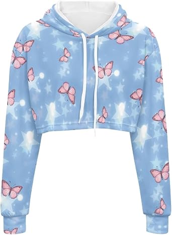 YEXIATODO Blue Halo Long Sleeve Crop Top Hoodies for Women Design Juniors Sweatshirts Womens Hooded Sweatshirt Sport Wear Streetwear for Daily Life Lounging Travel Casual Outtings Size XL