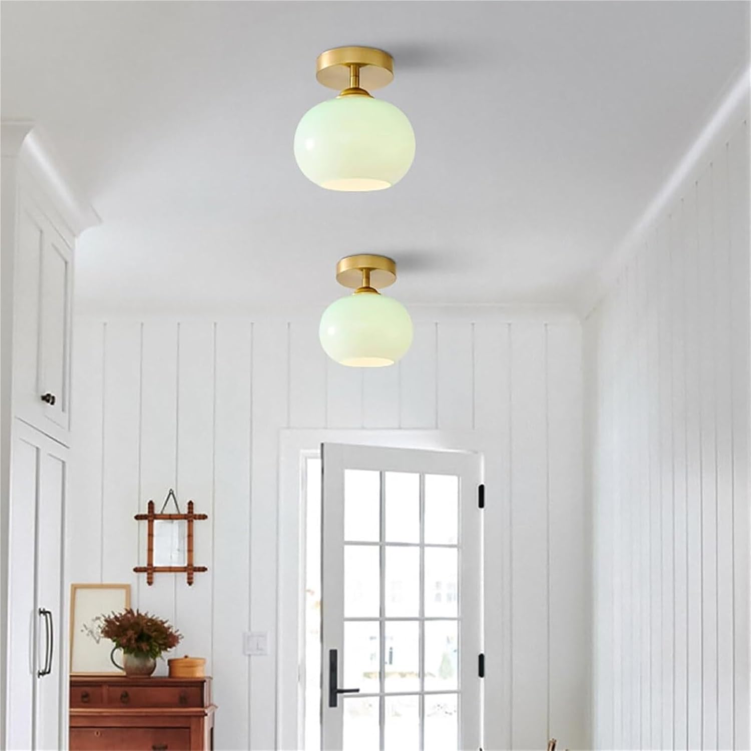 Semi Flush Mount Ceiling Light - Small Smoky Gray Glass Globe, Brushed Gold Brass, Mid Century Modern Vintage Lighting for Hallway(Milk Green)