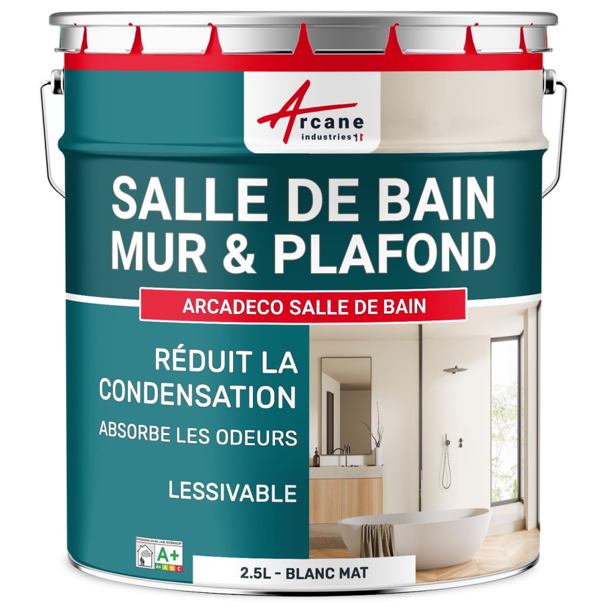 ARCANE INDUSTRIES Peinture salle de bain, mur et plafond | Peinture anti condensation et humidité | 29 couleurs disponibles - 2.5 L Blanc