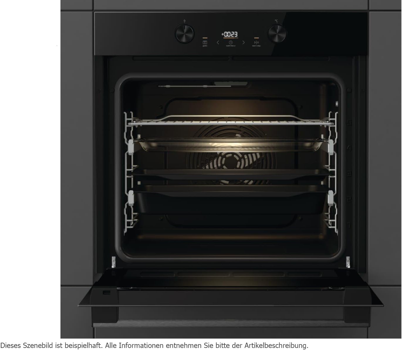 Gorenje BOS6737E20FBG oven with door open, showing interior racks