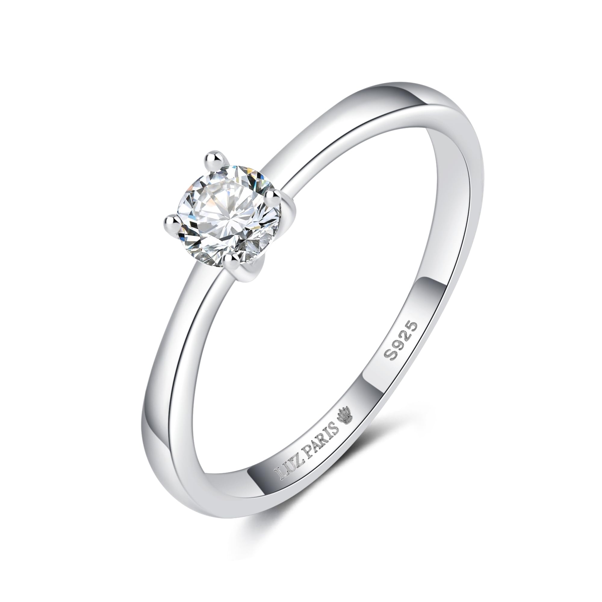 LUZ PARIS Anillo Mujer Plata de Ley 925 Anillo Solitario, compuesto por una 1 circonita blanca forma redonda, en tipo garra de cuatro patas - (Tallas 10 a 20), Rodio sobre Plata 925