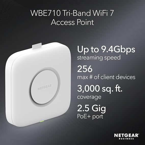 NETGEAR Wireless Access Point (WBE710) - WiFi 7 Tri-Band BE9400 Speed | Up to 600 Client Devices | 1 x 2.5G Ethernet LAN Port | 802.11ax | Insight Remote Management | PoE+ or Optional Power Adapter