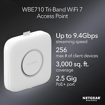 NETGEAR Wireless Access Point (WBE710) - WiFi 7 Tri-Band BE9400 Speed | Up to 600 Client Devices | 1 x 2.5G Ethernet LAN Port | 802.11ax | Insight Remote Management | PoE+ or Optional Power Adapter