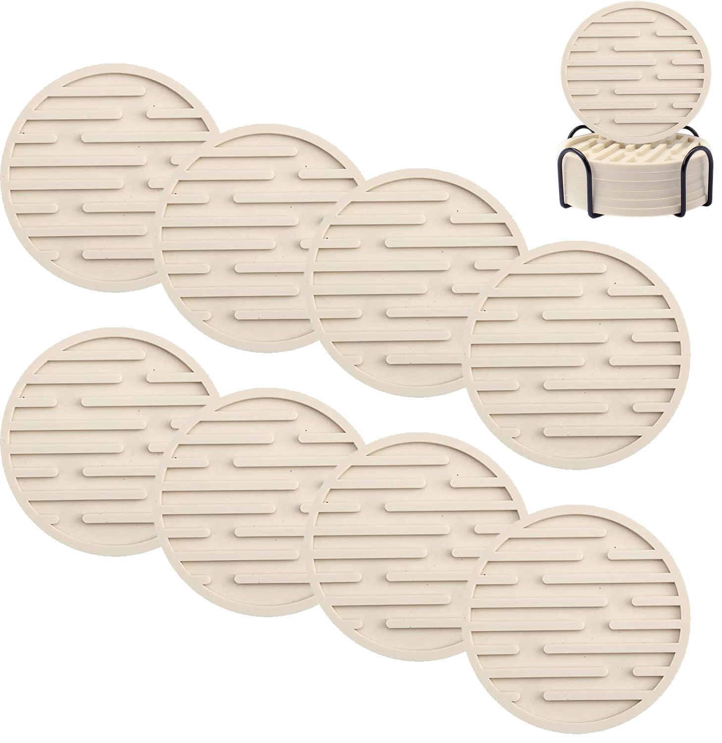 Silicone Coasters, Coasters for Drinks 8 Set Non-Slip Cup Coasters, Heat Resistant Cup Mate, Soft Coaster for Tabletope Protection, Furniture from Damage (Beige)