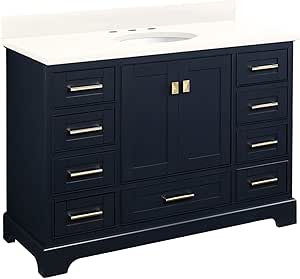Signature Hardware 483436 Quen 48" Free Standing Single Basin Vanity Set with Cabinet, Vanity Top, and Undermount Sink - 3 Faucet Holes - Midnight Navy Blue/Arctic White Quartz