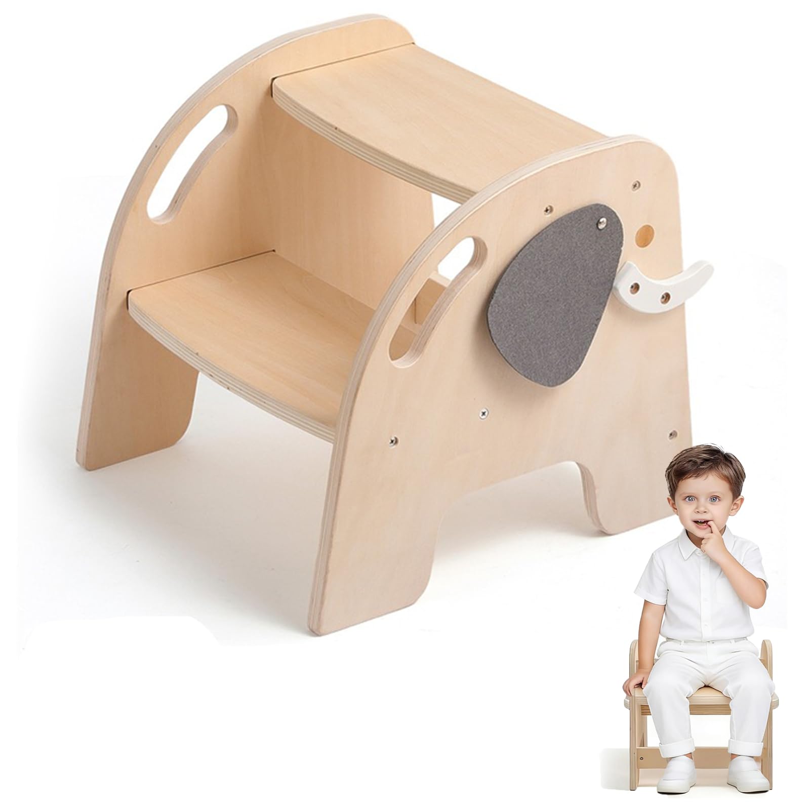 Escabeau pour Enfants, Tabouret à 2 marches en Bois pour Enfants, supportant jusqu'à 80 kg, avec Repose-Pieds antidérapant pour Salle de Bain, Cuisine, Chambre d'enfant, Toilettes