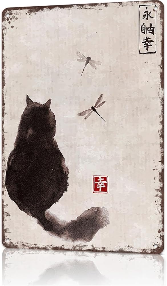 Cartel de hojalata japonés vintage japonés con diseño de libélula, diseño de gato retro, placa de metal divertida para el hogar, dormitorio, sala de