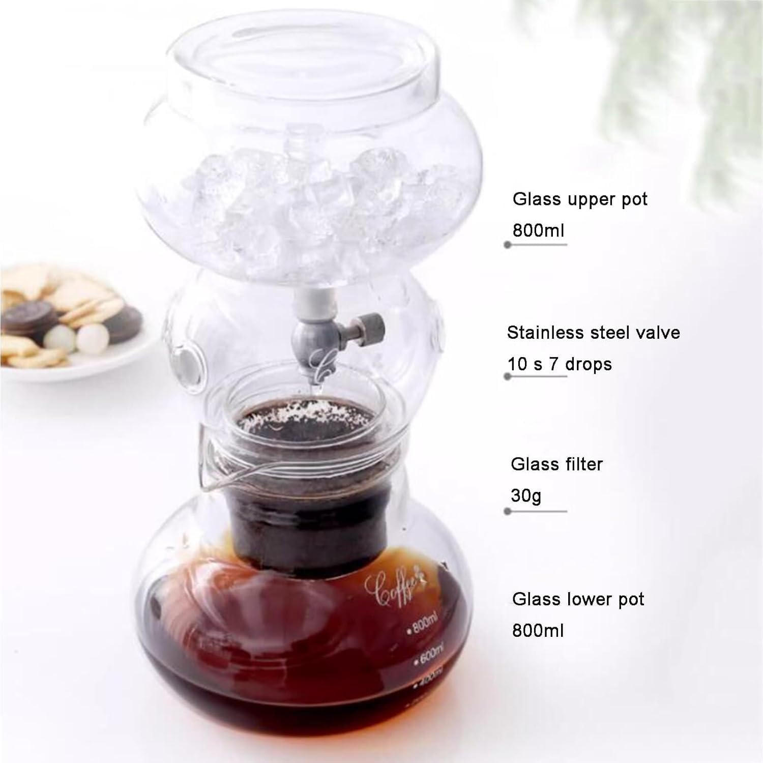 Ice Cold Brew Dripper Coffee Maker, Cold Brew Drip Tower, 800ml Glass Pot, with Adjustable Dropping Speed, Easy To Clean, for Home Office, Makes 4-6 Cups