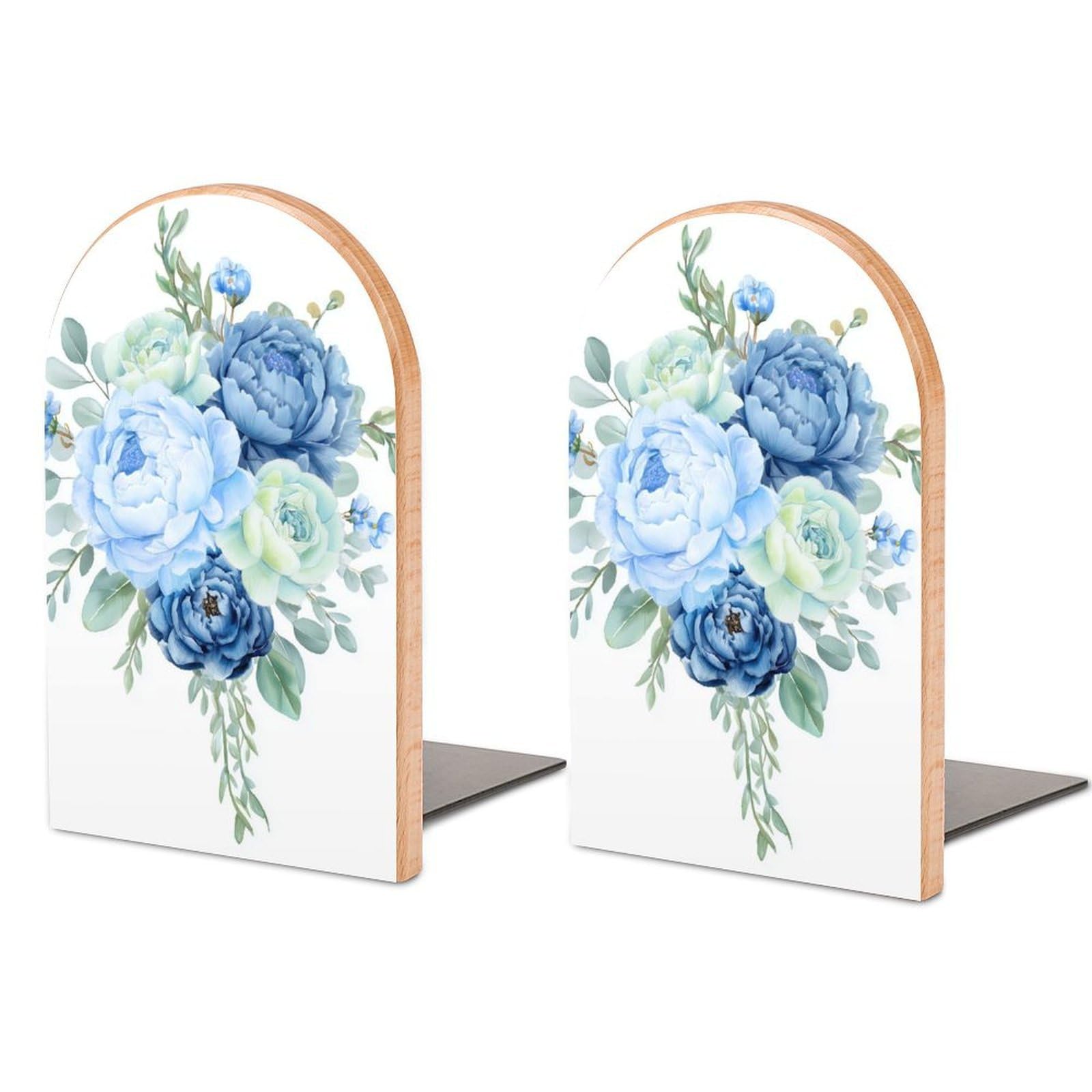 Navy Light Blue And Sage Green Peonies Roses Wooden Bookends Shelves 2 PCS Sturdy Book Holders Desktop Organizer for Home Office Libraries