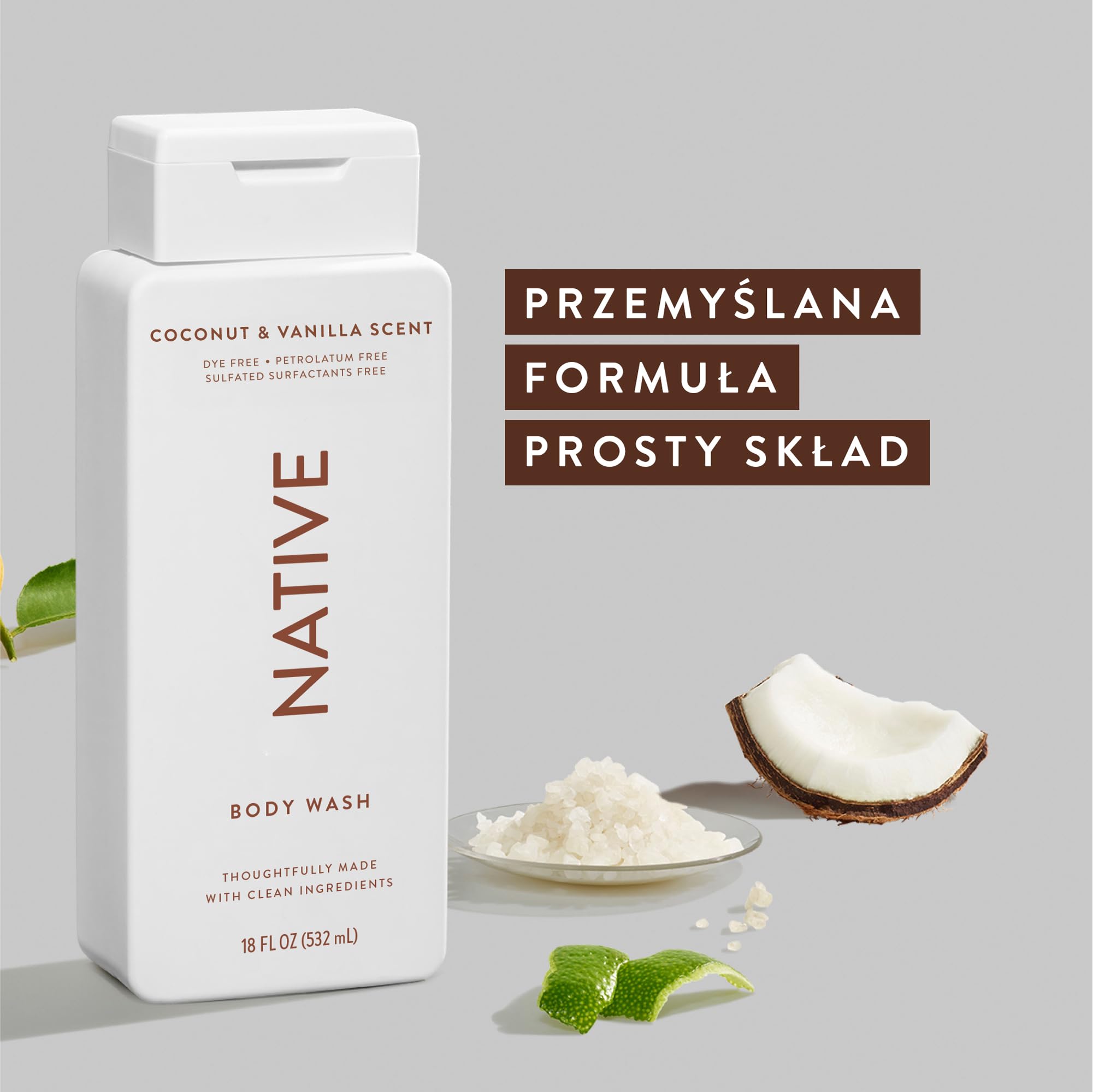 Native żel pod prysznic i płyn do mycia ciała dla kobiet i mężczyzn - bez siarczanów i barwników - mydło o zapachu kokosa i wanilii - delikatna formuła dzięki składnikom roślinnym (532ml)
