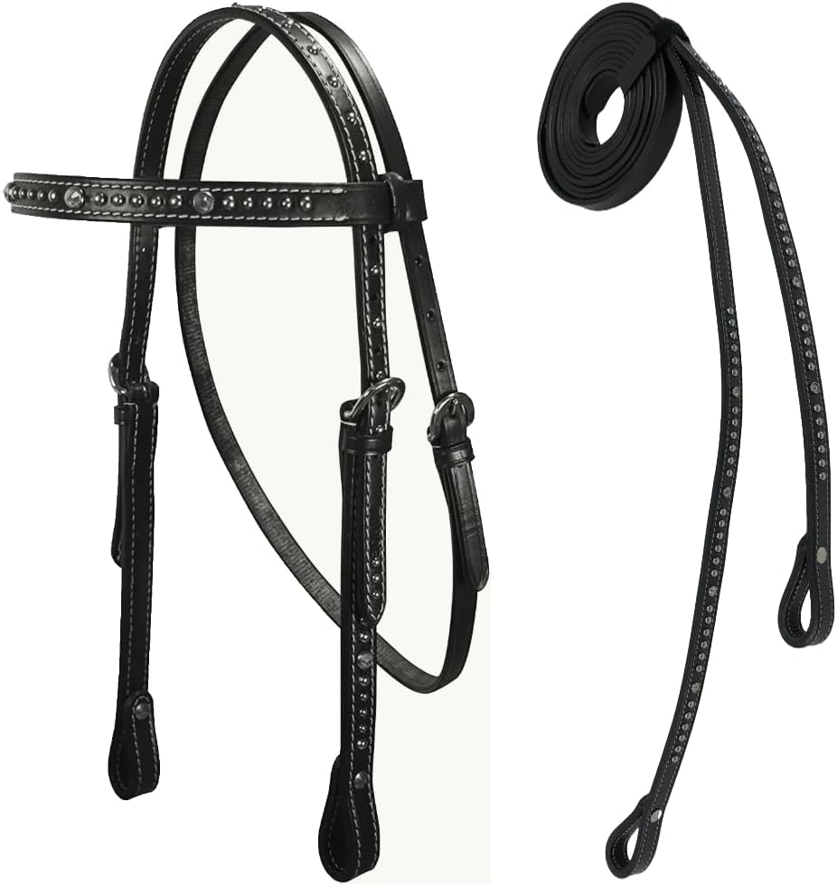 Tahoe Tack Double Layered Leather Crystal Browband Headstall with Spots & Split Reins