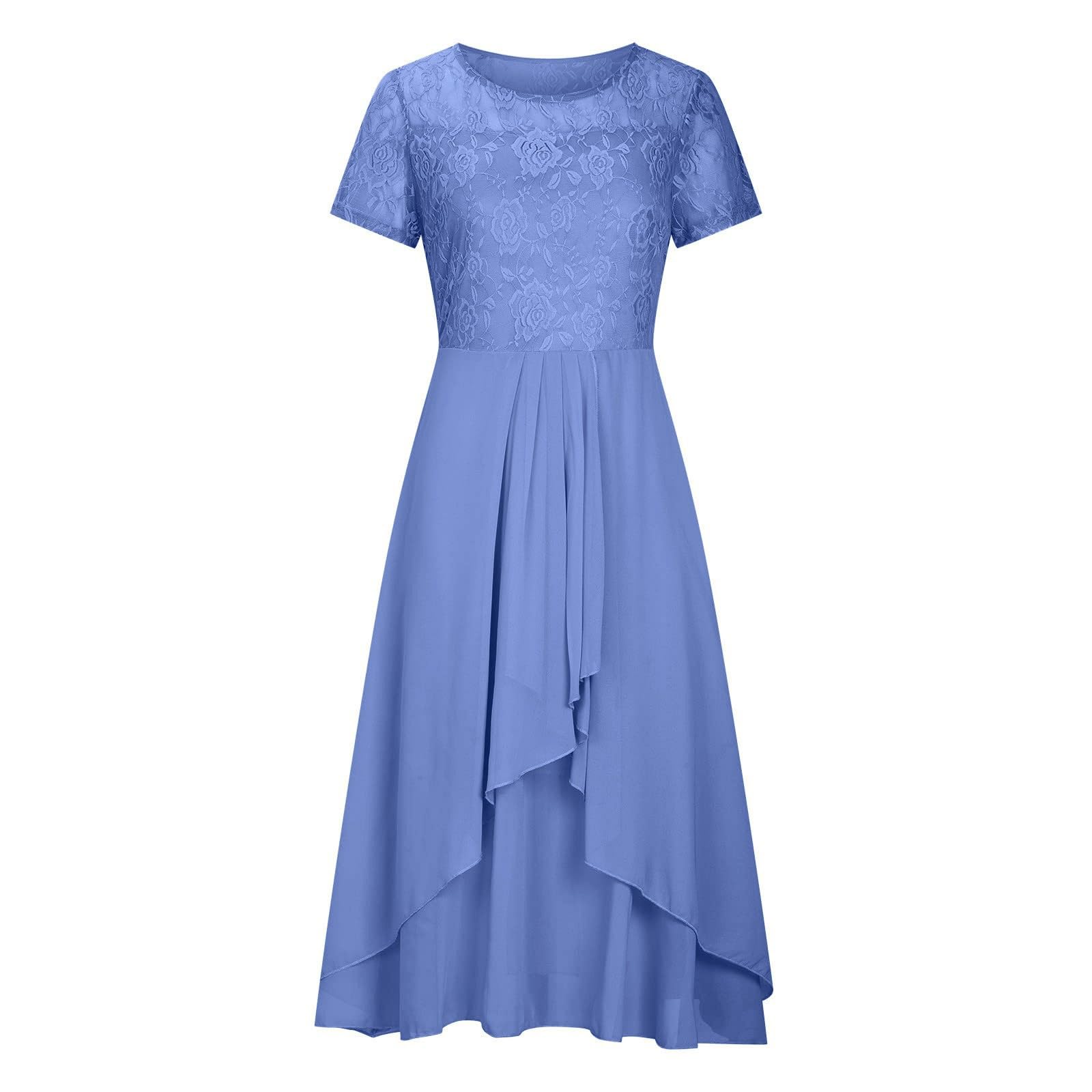 Kleid Hochzeitsgast Damen Midi Chiffon Abendkleider Elegant Für Hochzeit Gast Festliche Kleider Sommer A Linie Leicht Brautjungfernkleider Spitze Chiffonkleid mit Ärmel Abschlusskleid