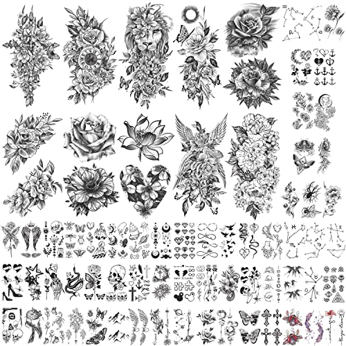 70 feuilles de grands autocollants de tatouages temporaires de fleurs, roses, pivoines, papillons, ailes, style mixte, pour hommes, femmes, garçons et filles Cover