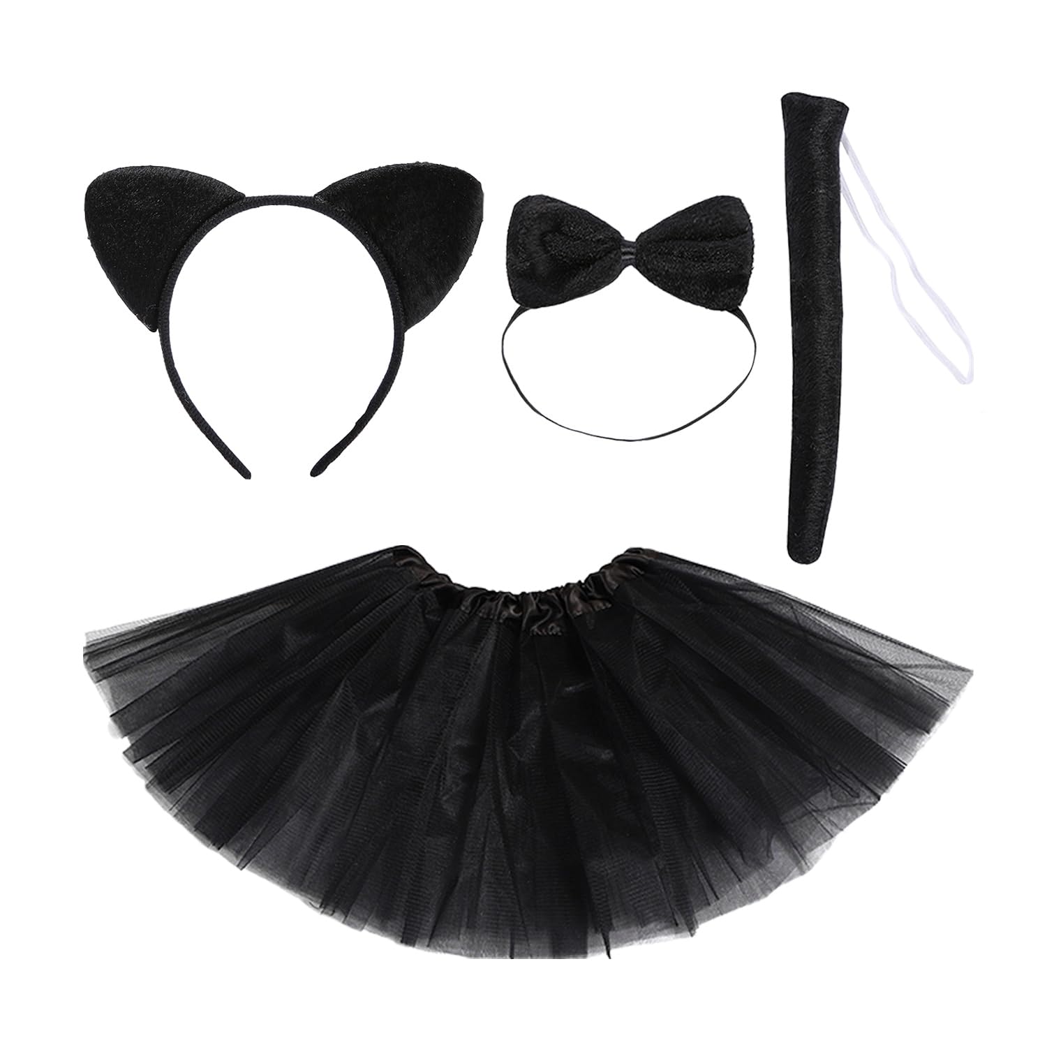 KRYMSON Juego de disfraz de gato de 4 piezas, disfraz de gato para niños, diademas de gato para niños, cola de gato y pajarita, disfraz de cola de gato, disfraz de gato para niñas, disfraz de gato de