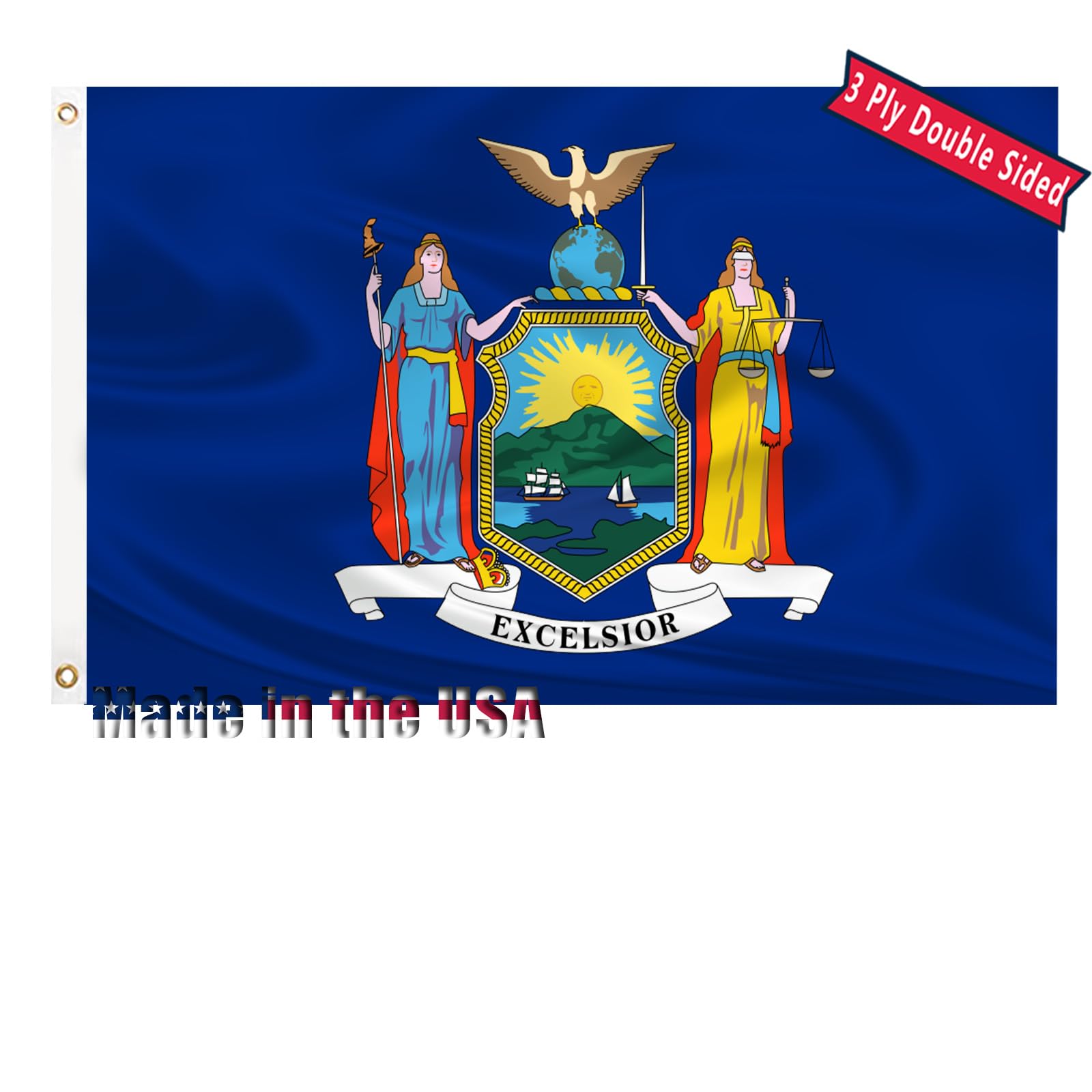 New York State Flag 3x5 Outdoor Double Sided 3 Layers Polyester State of New York NY Flags Sewing 4 Rows of Thread with Durable Canvas Header and Brass Grommets New York Decor for Indoor Wall Room