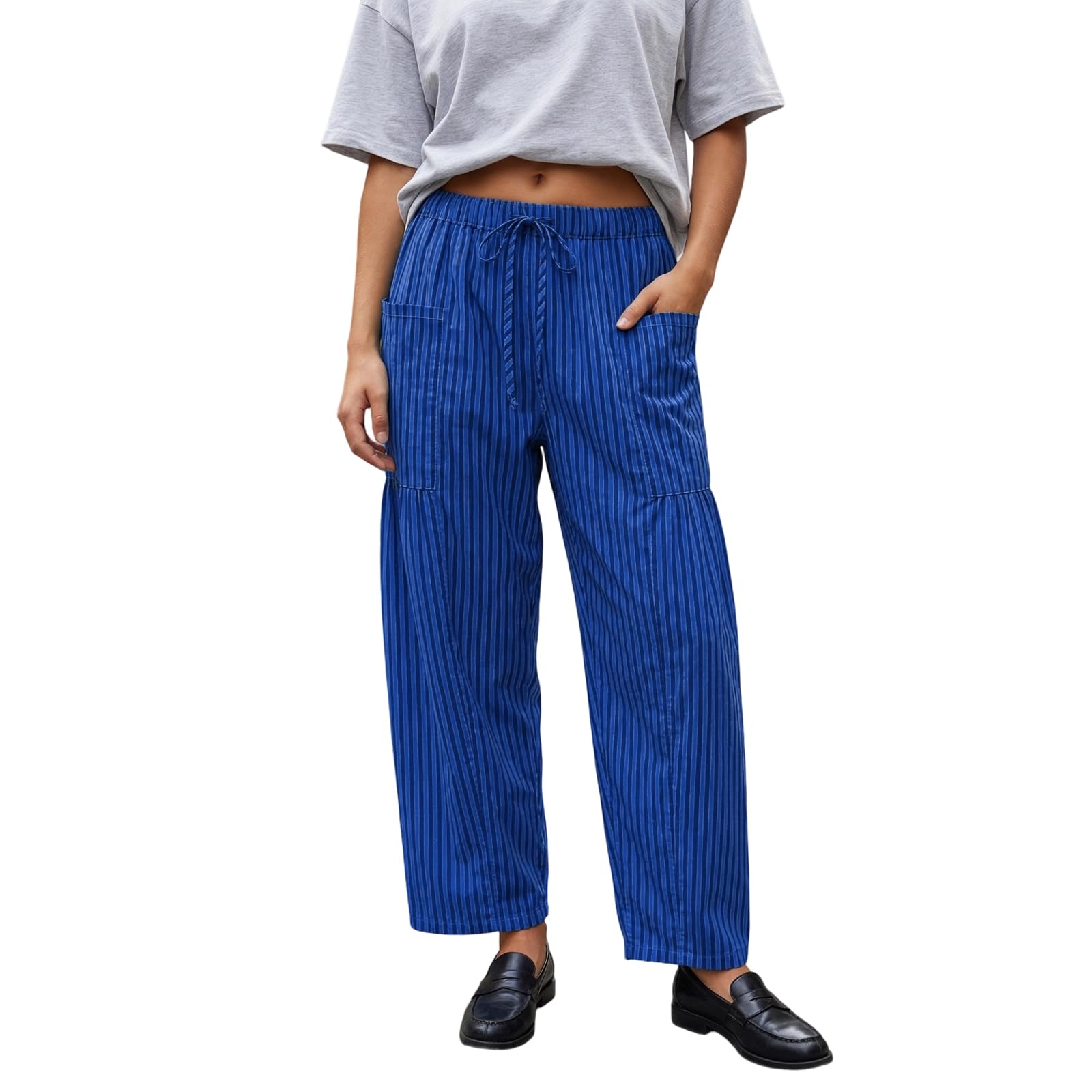 Sexy Outfit Pantalon Sarouel rayé en Coton et Lin pour Femmes, Ample, Jambes Larges, Cordon de Serrage, Pantalon de Plage avec Poches, vêtements de détente d'été