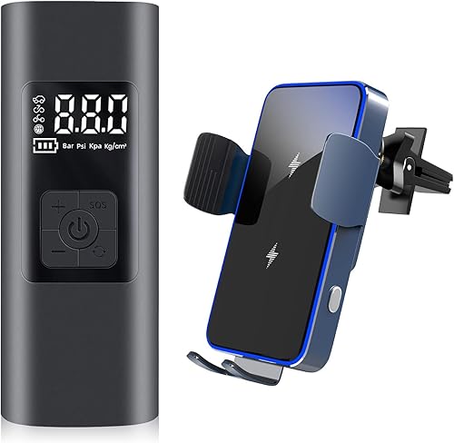 MekedeTech Bomba de compresor de aire portátil para coche y cargador inalámbrico de coche de 15 W y montaje para vehículo