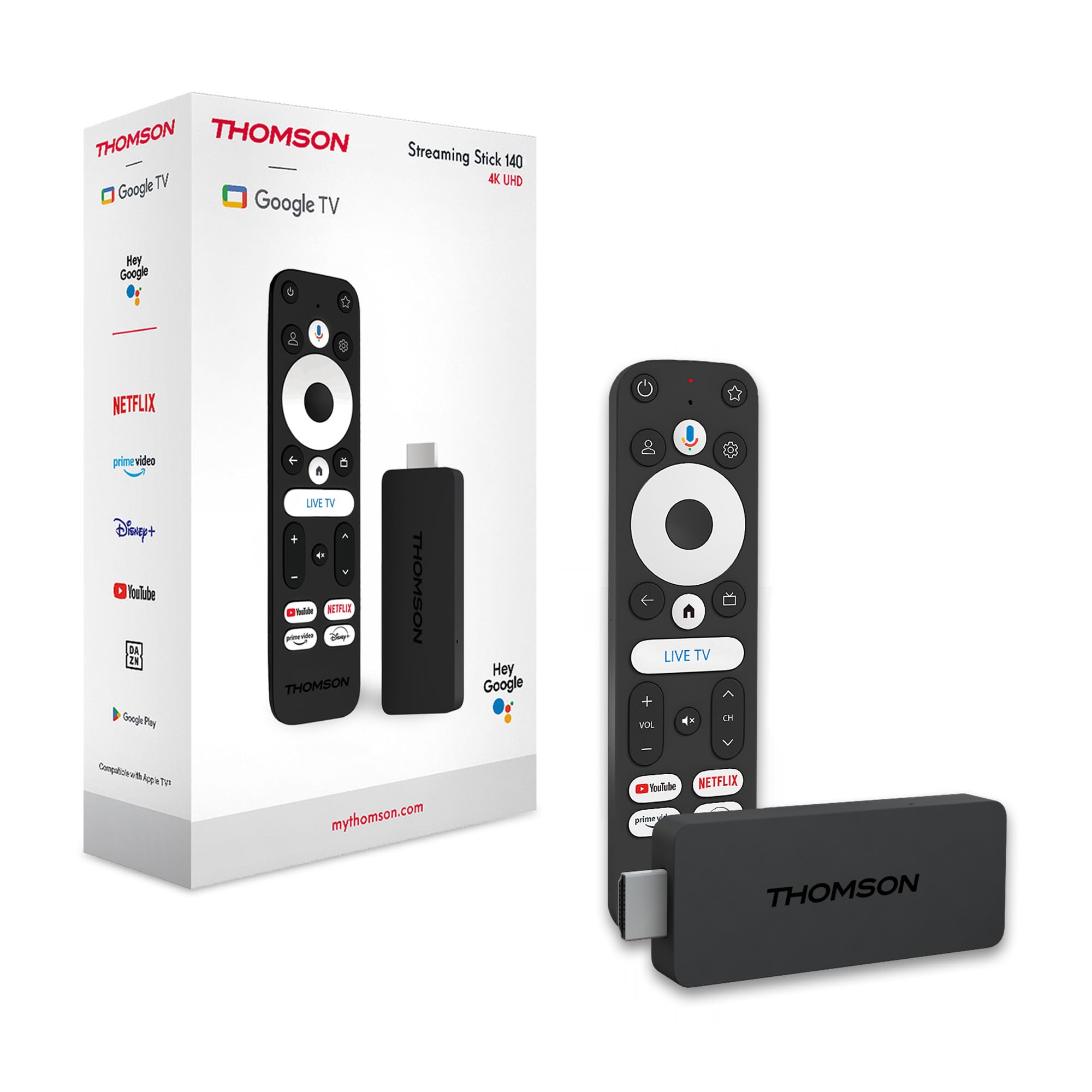 Thomson Streaming Stick 140, 4K UHD, Google TV, Smart Voice Control, WiFi, Google Cast