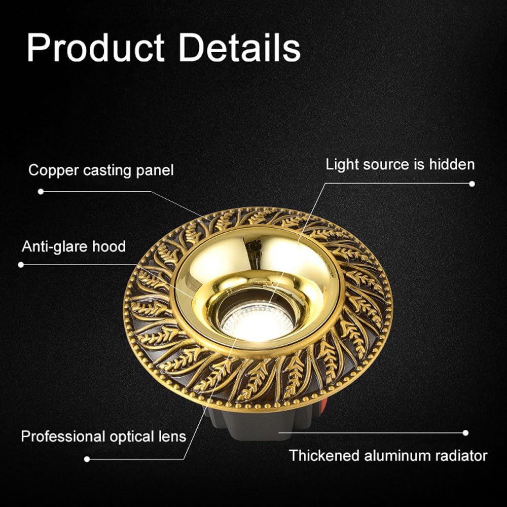 8W Led Recessed Downlight, Eyeball Directional Anti-Glare Spotlight, Brassd Baffle Trim Downlight, 3 Color Temperatures Adjustable Ceiling Lamp for Living Room Corridor Bedroom