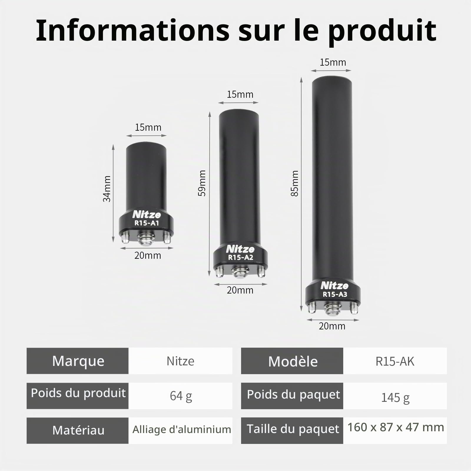 Nitze 15 mm Rod Kits avec Broches de Positionnement de 1/4", 1 Pouce/2 Pouces/3 Pouces (3 Pièces) Tiges en Alliage d'Aluminium de 15 mm pour Cage de Caméra, Poignée Supérieure de Caméra - R15-AK