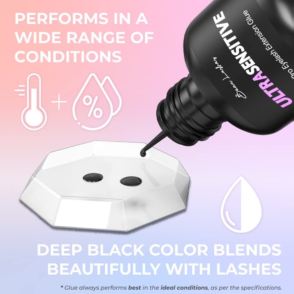 Sensitive Eyelash Extension Glue for Professionals | Low Humidity Strong Black Lash Adhesive for Long Lasting Semi Permanent Individual Lash Extensions – 3-4s Fast Drying / 6 Weeks Retention