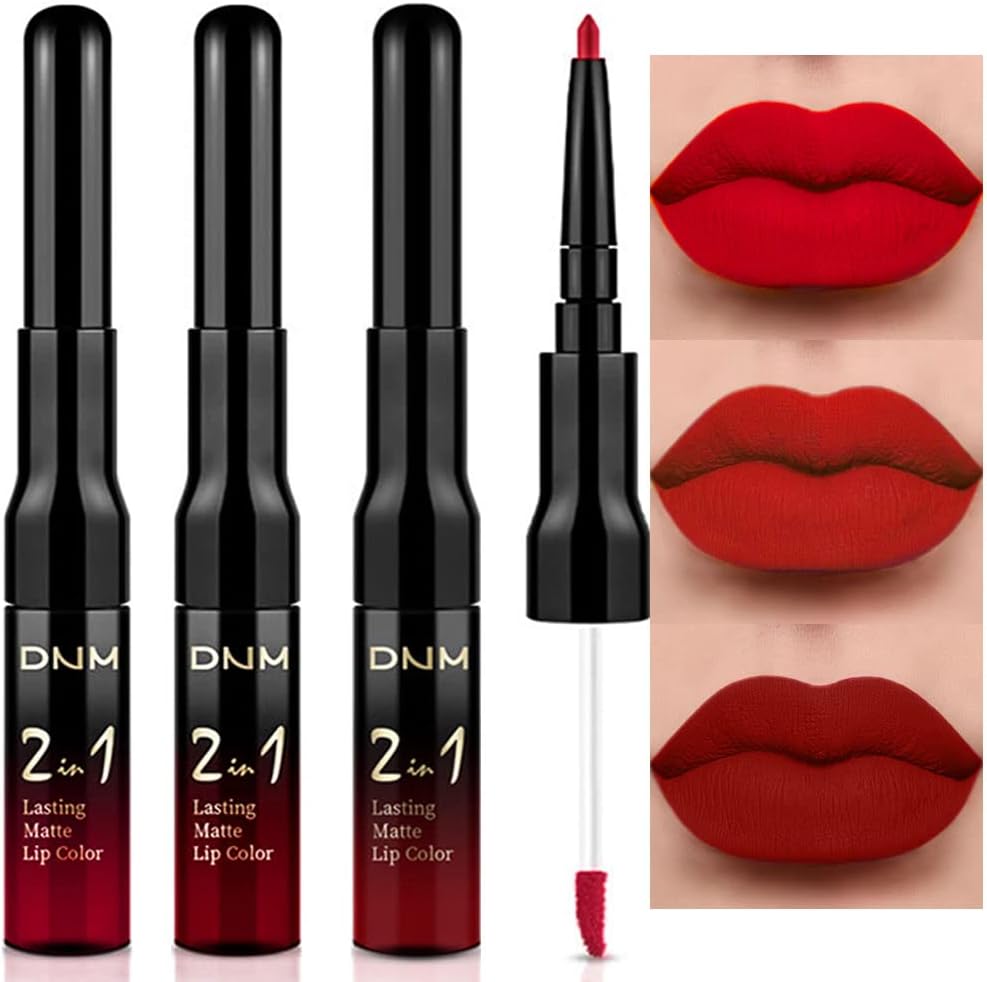 evpct 3Pcs Ruby Bright Dark Deep Red Lip Stain Lipstick with Lip Liner, Burgundy Red Matte Lip Liner and Liquid Lipstick Set for Women Long Lasting Waterproof 24, 24 Hours Lip Sitck Paint
