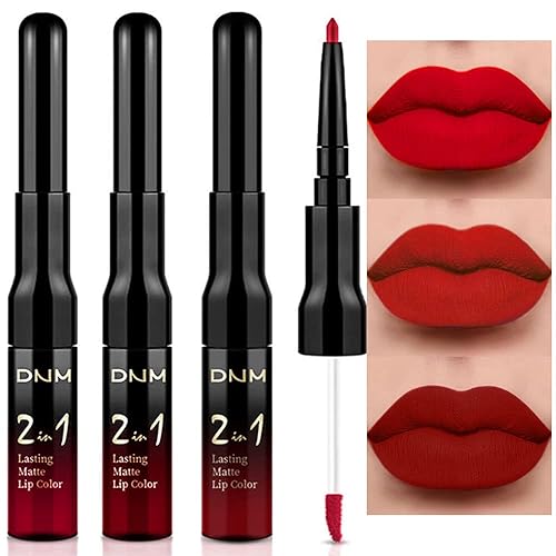 Juego de 3 piezas de delineador de labios permanente mate de color rojo oscuro profundo y lápiz labial líquido de larga duración, a prueba de
