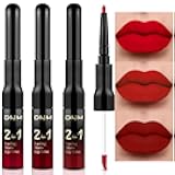 evpct 3Pcs Ruby Bright Dark Deep Red Lip Stain Lipstick with Lip Liner, Burgundy Red Matte Lip Liner and Liquid Lipstick Set for Women Long Lasting Waterproof 24, 24 Hours Lip Sitck Paint