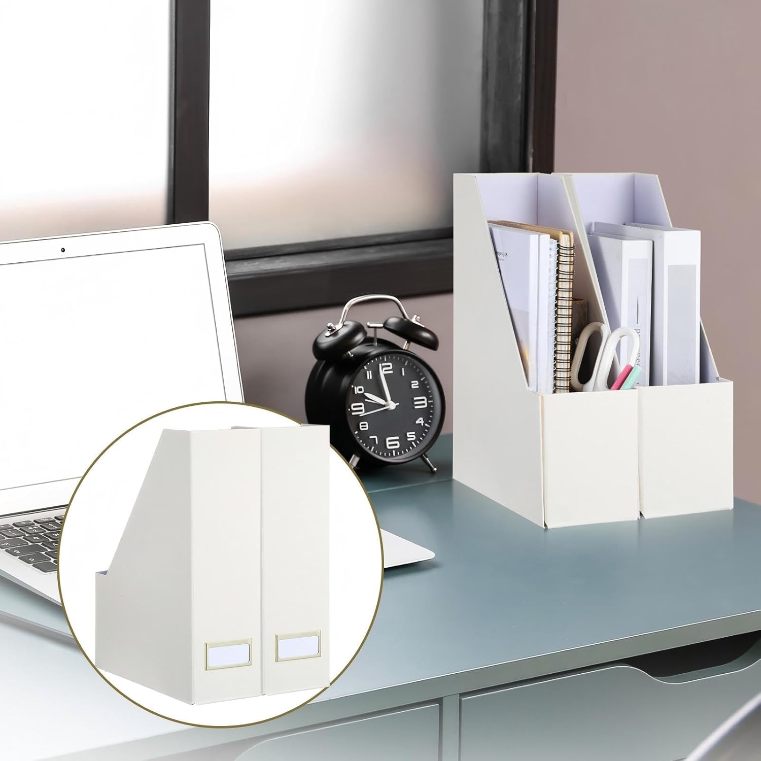Gueevin Set of 6 Magazine File Holder Stylish Sturdy Cardboard File Boxes Desk Magazine Organizer Rack with Gold Label Holder to Organize Your Desk or Shelves for Home Classroom Office Library(Beige)