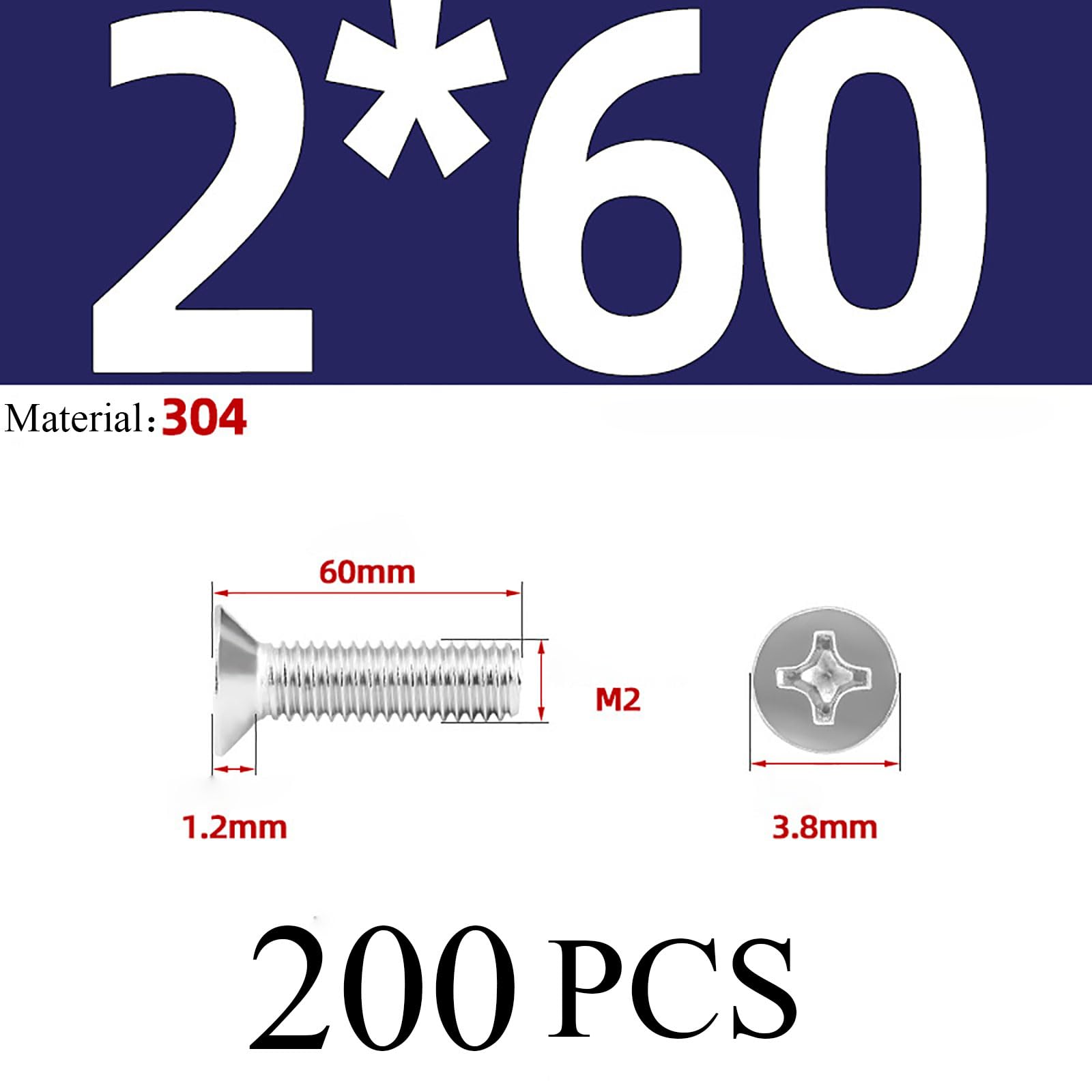 Tornillos para metales, tornillos de cabeza plana, Paquete de 200 tornillos de cabeza Phillips de cabeza plana M2 de 50/55/60 mm, rosca completa, de acero inoxidable 304(M2*60 200)