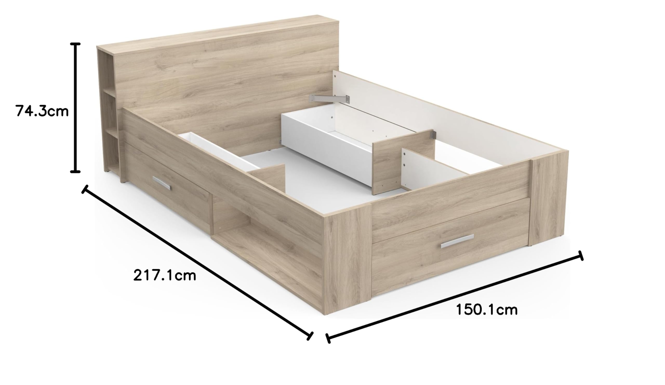 Lit avec Rangement 140x190 Style Contemporain 3 Tiroirs – Coloris Chêne - 150,1 x 217,1 x 74,3 cm