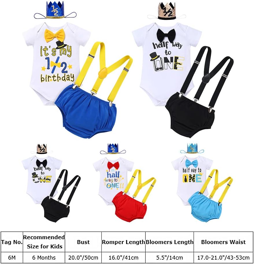 IBTOM CASTLE Baby Boys Half Birthday Cake Smash Outfit Short Sleeve Bowtie Romper+Diaper Cover Bloomers+Suspenders+Headband - Image 7