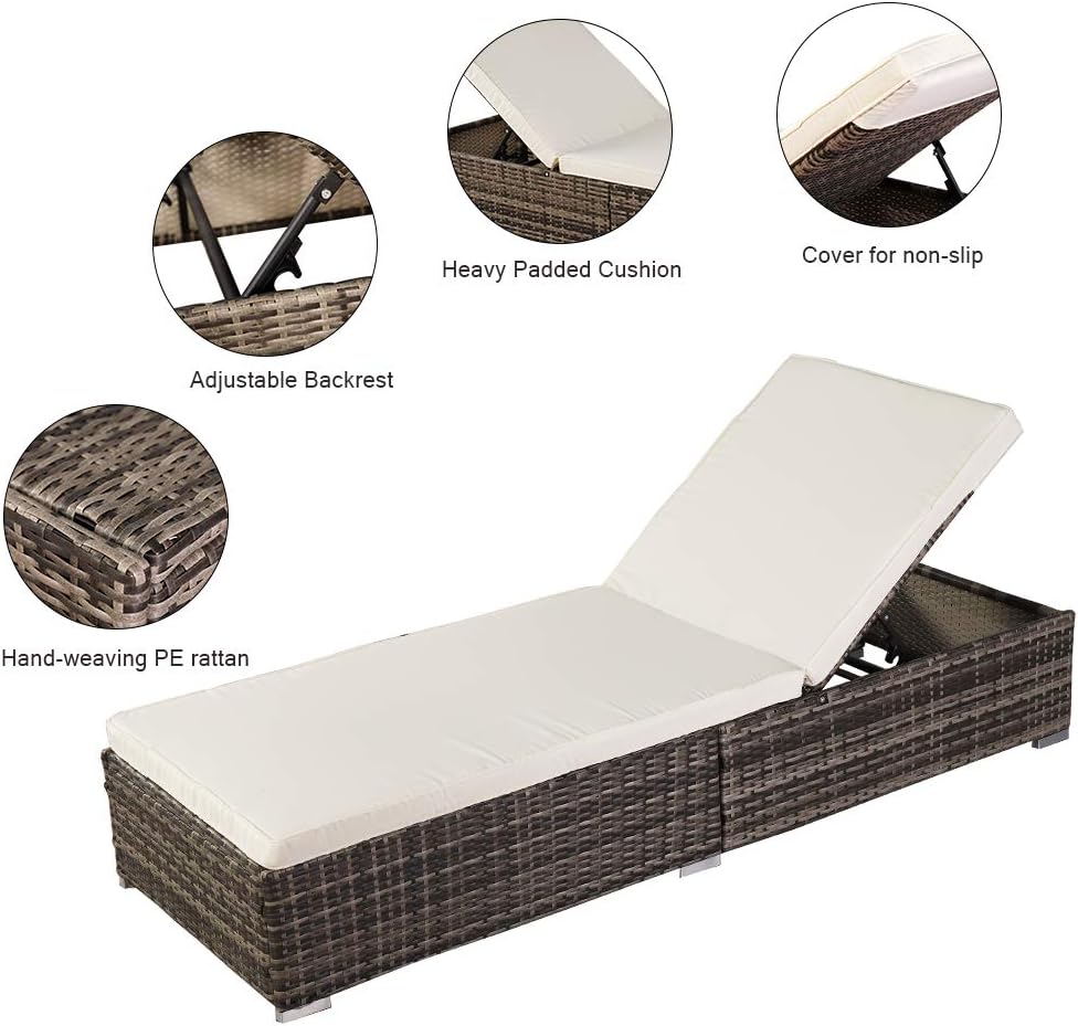 Patio Chaise Lounge Chair, (76.4 X 27.5 X12.5) Outdoor Wicker Rattan Daybed Adjustable Pool Furniture Chair with Cushions Beach Lounge Chair Sun Lounger for Outside (Off-White)