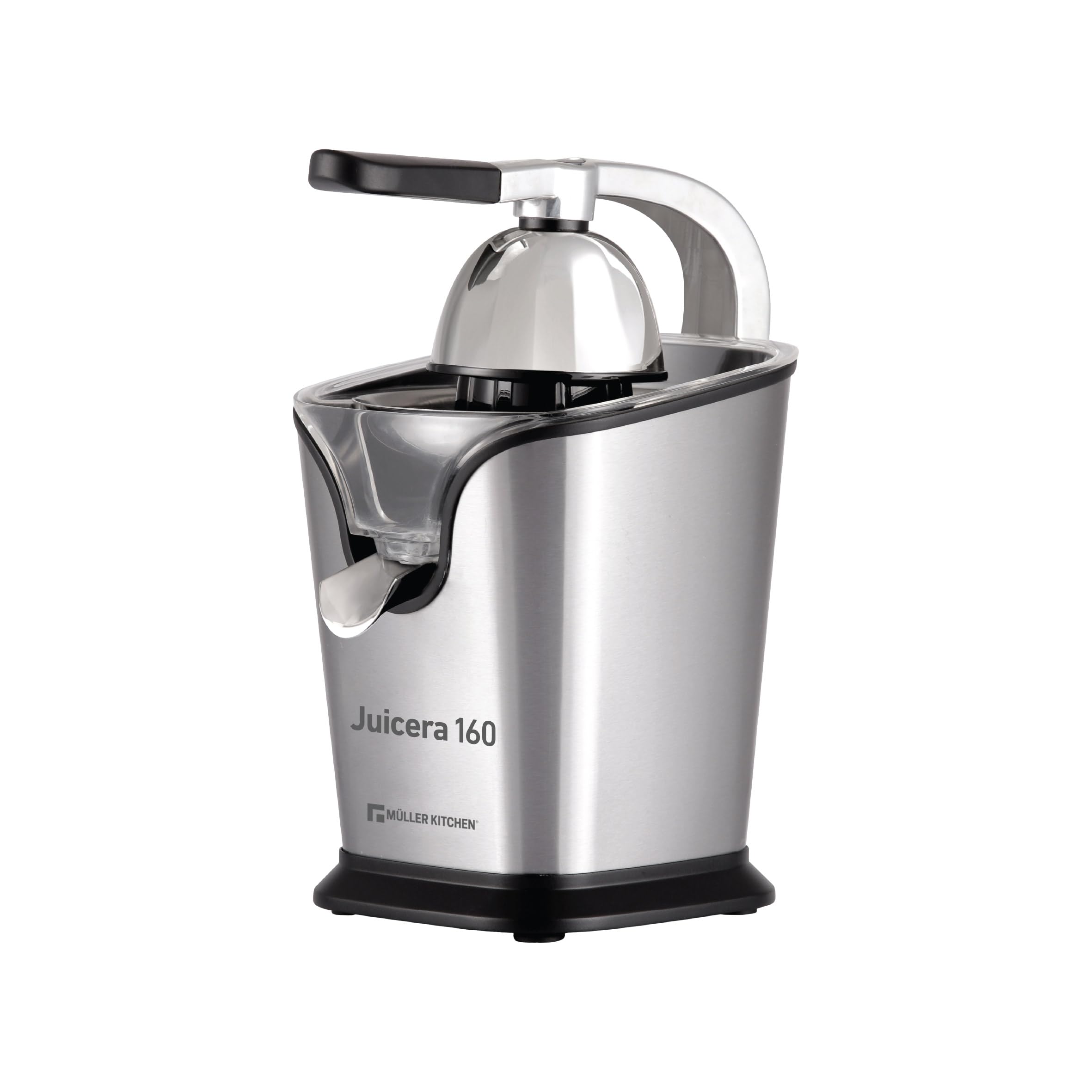 Muller Kitchen MK-6051 - Exprimidor eléctrico (motor de 160W, INOX filtrar, incluye 2 tamaños de cono, con brazo de palanca)