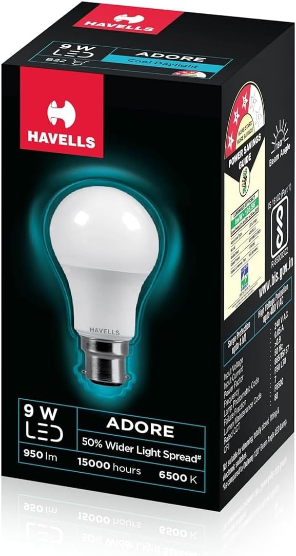 - Havells 9w LED Bulb for Home & Office |B22 LED Bulb Base |Cool Day White Light (6500K) |4Kv Surge Protection |High Voltage Protection |Eco Friendly Energy Efficient | Pack of 1